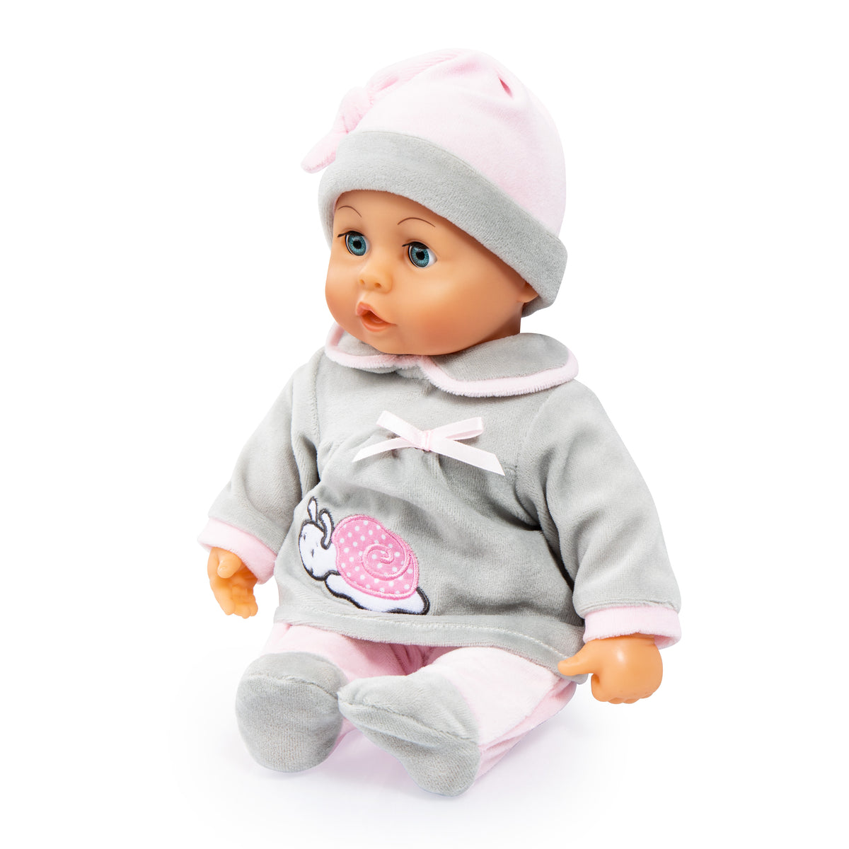 Grey baby doll standing pose, pink-and-white hat and bunny snail first-words outfit