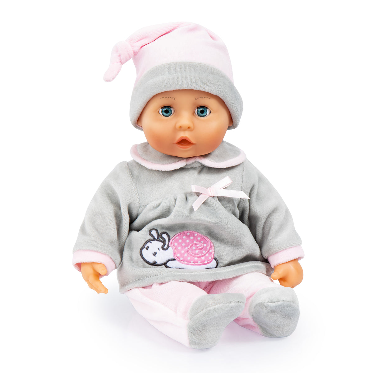 Grey baby doll sitting pose, pink-trim hat and bunny snail first-words outfit