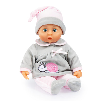 Grey baby doll sitting pose, pink-trim hat and bunny snail first-words outfit