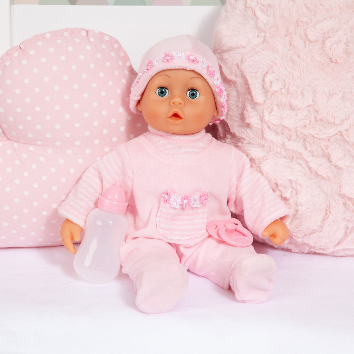 Pink 38 cm baby doll sitting, hooded outfit with pacifier and clear bottle