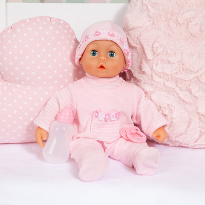 Pink 38 cm baby doll sitting, hooded outfit with pacifier and clear bottle