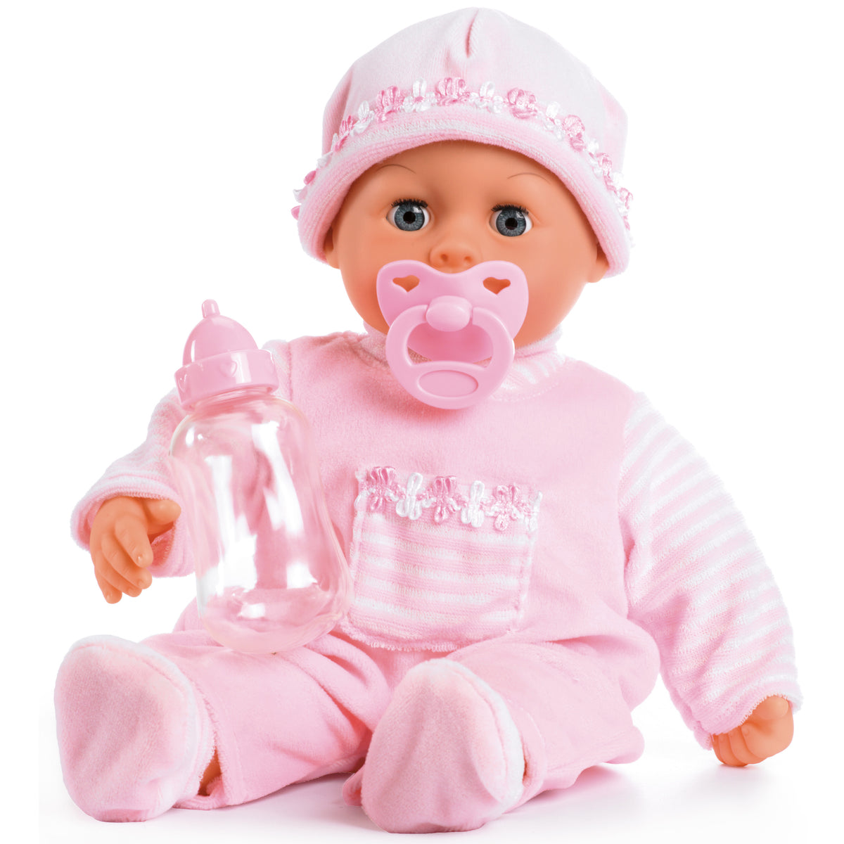 Pink 38 cm baby doll with hooded outfit, pacifier, and clear bottle