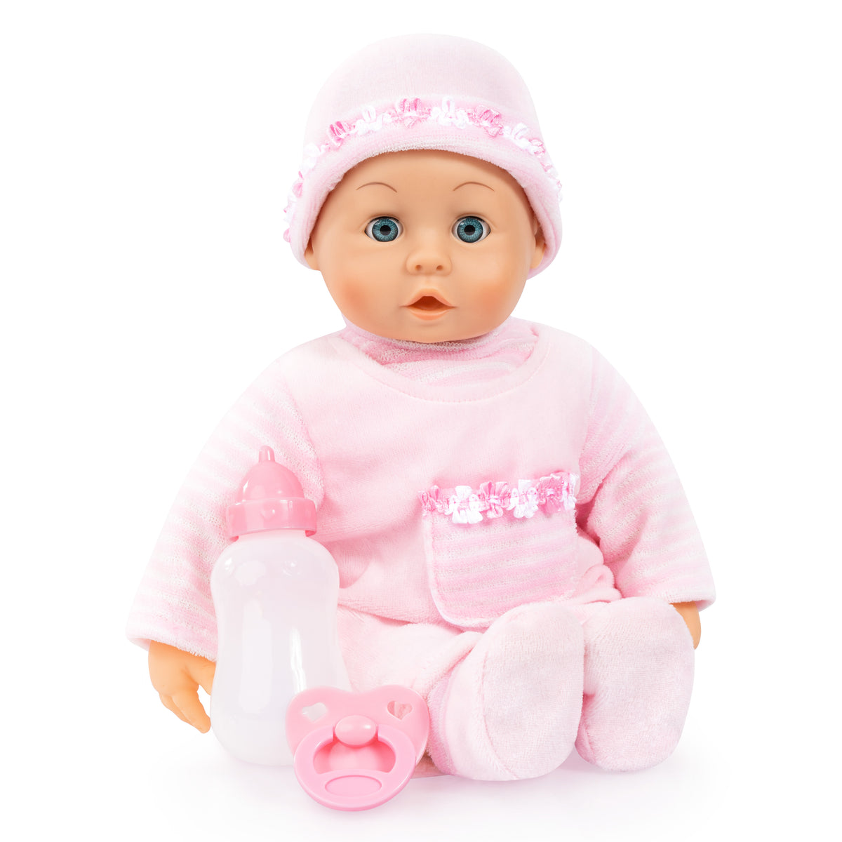 Pink 38 cm baby doll seated, hood and striped sleeves, pacifier and clear bottle