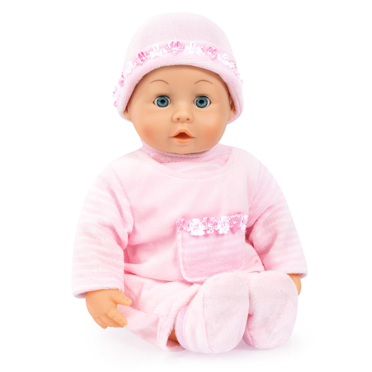 Pink 38 cm baby doll seated, hooded outfit with striped sleeves, pacifier
