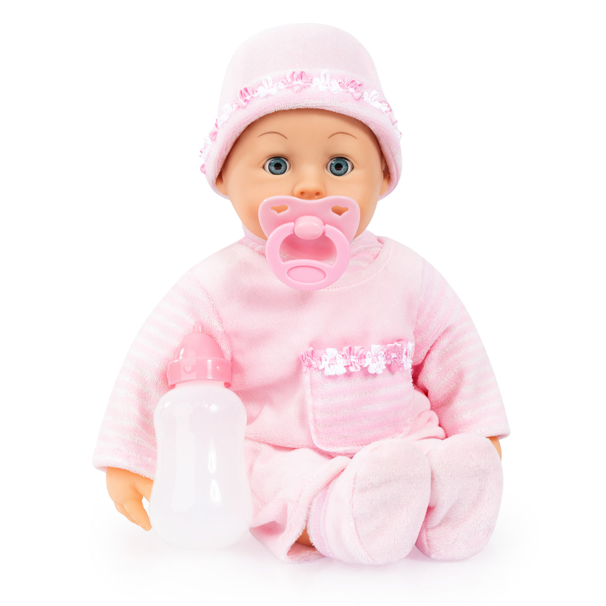 Pink 38 cm baby doll seated with pacifier and clear bottle