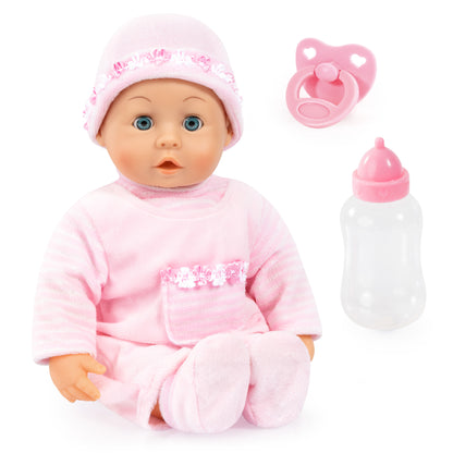Pink 38 cm baby doll with pacifier, plus pink pacifier and clear bottle
