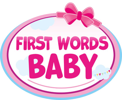 First Words Baby pink text graphic with bow and cloud border