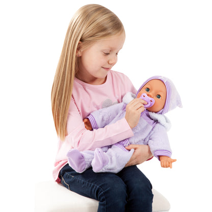 Child hugging a 46cm soft body baby doll in lilac hooded onesie with pacifier