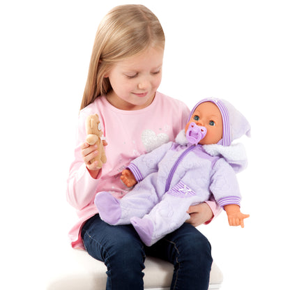 Interactive soft baby doll in purple hooded outfit with pacifier and striped sleeves