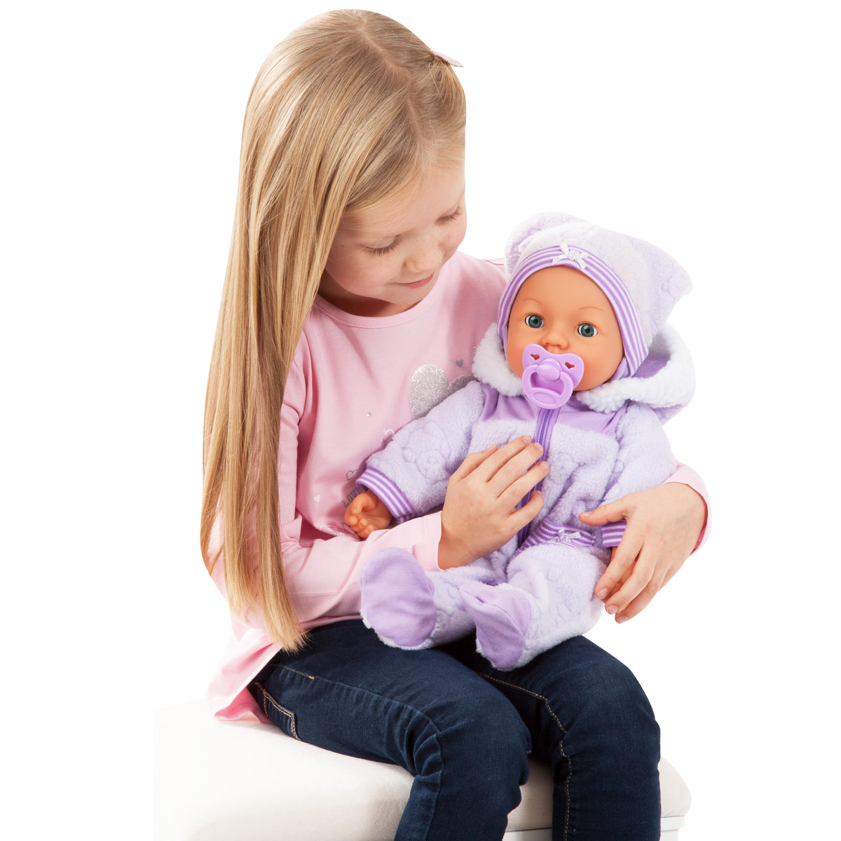 Interactive soft baby doll in purple hood with pacifier, striped cuffs, held in arms
