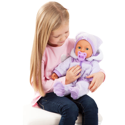 Interactive soft baby doll in purple hood with pacifier, striped cuffs, held in arms