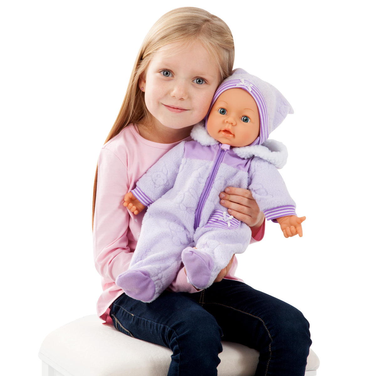 Interactive soft baby doll in purple hooded outfit with pacifier and striped trim