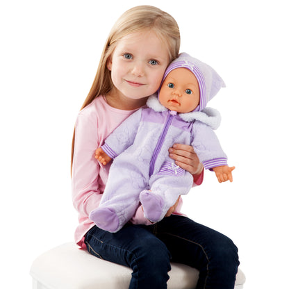 Interactive soft baby doll in purple hooded outfit with pacifier and striped trim