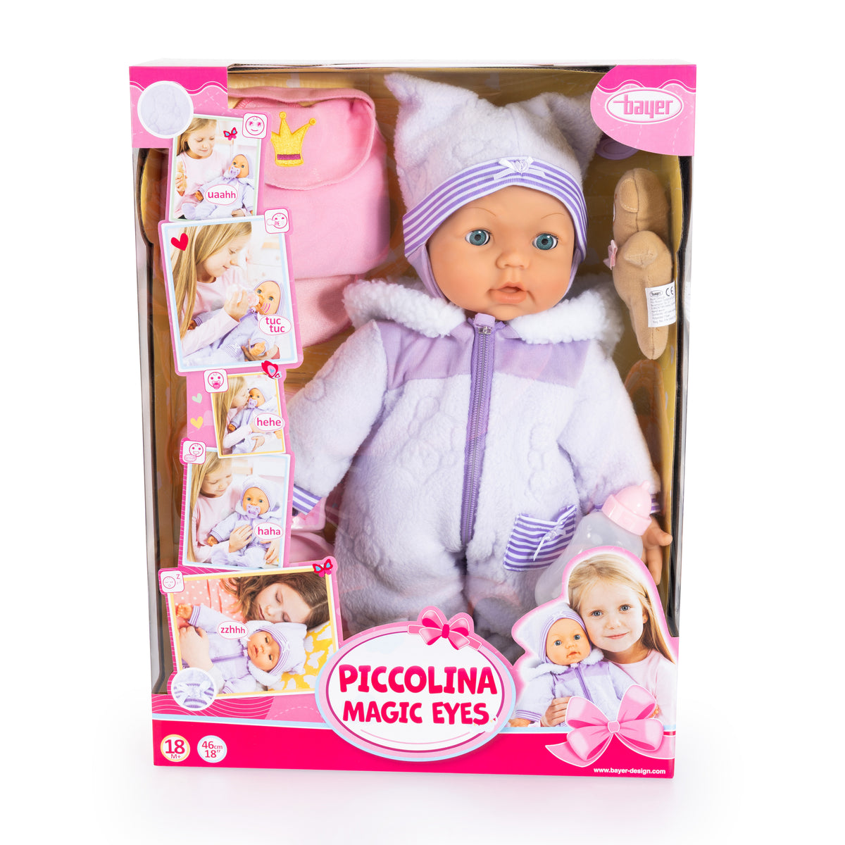 Interactive soft baby doll retail box, purple hooded outfit and pacifier