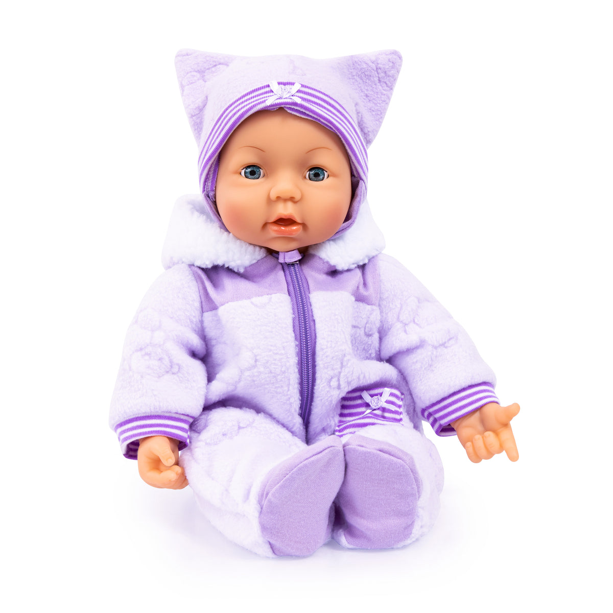 46cm soft body baby doll in lilac hooded onesie with striped cuffs and zipped front