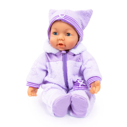 46cm soft body baby doll in lilac zip-up hooded outfit with striped sleeve cuffs