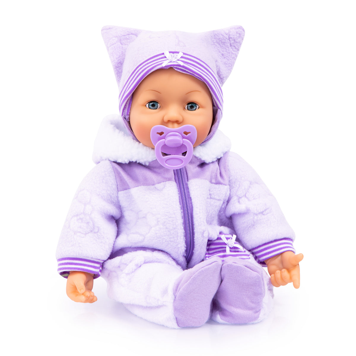 46cm soft body baby doll wearing lilac hood and holding a purple pacifier