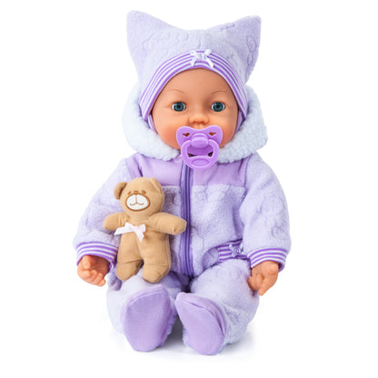 46cm soft body baby doll in lilac hooded onesie with pacifier and teddy plush