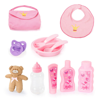 Baby doll play accessories set: pink bag, bib, purple pacifier, bottles, and toy teddy