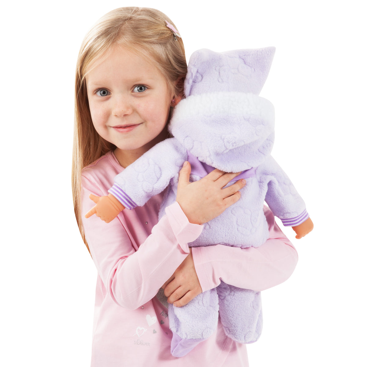 Child holding a 46cm soft body baby doll in lilac hooded onesie