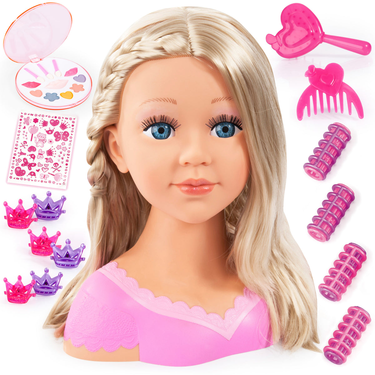 Blonde fashion doll head with pink outfit and crown hair accessories, plus styling kit pieces