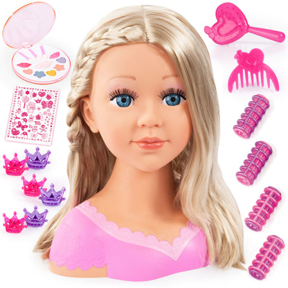 Blonde fashion doll head with pink outfit and crown hair accessories, plus styling kit pieces