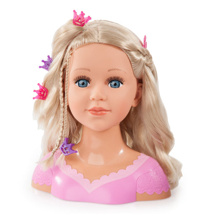Blonde fashion doll head front view with crown clips, blue eyes, and pink lace-trim top