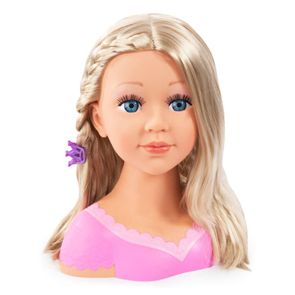 Blonde styling doll head with braided hair and pink off-shoulder dress top