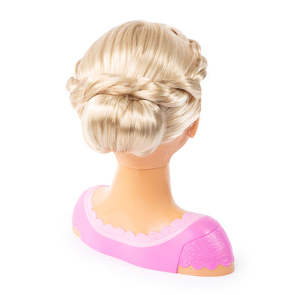 Blonde styling doll head with braided updo hairstyle and pink dress top