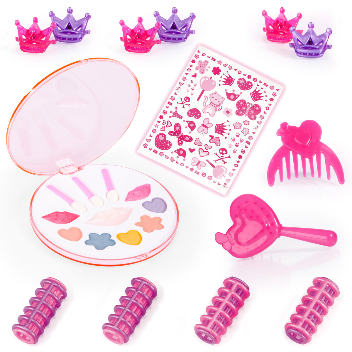 Pink hair and makeup styling accessories set with comb, brushes, crown clips