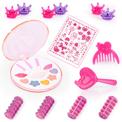 Pink hair and makeup styling accessories set with comb, brushes, crown clips