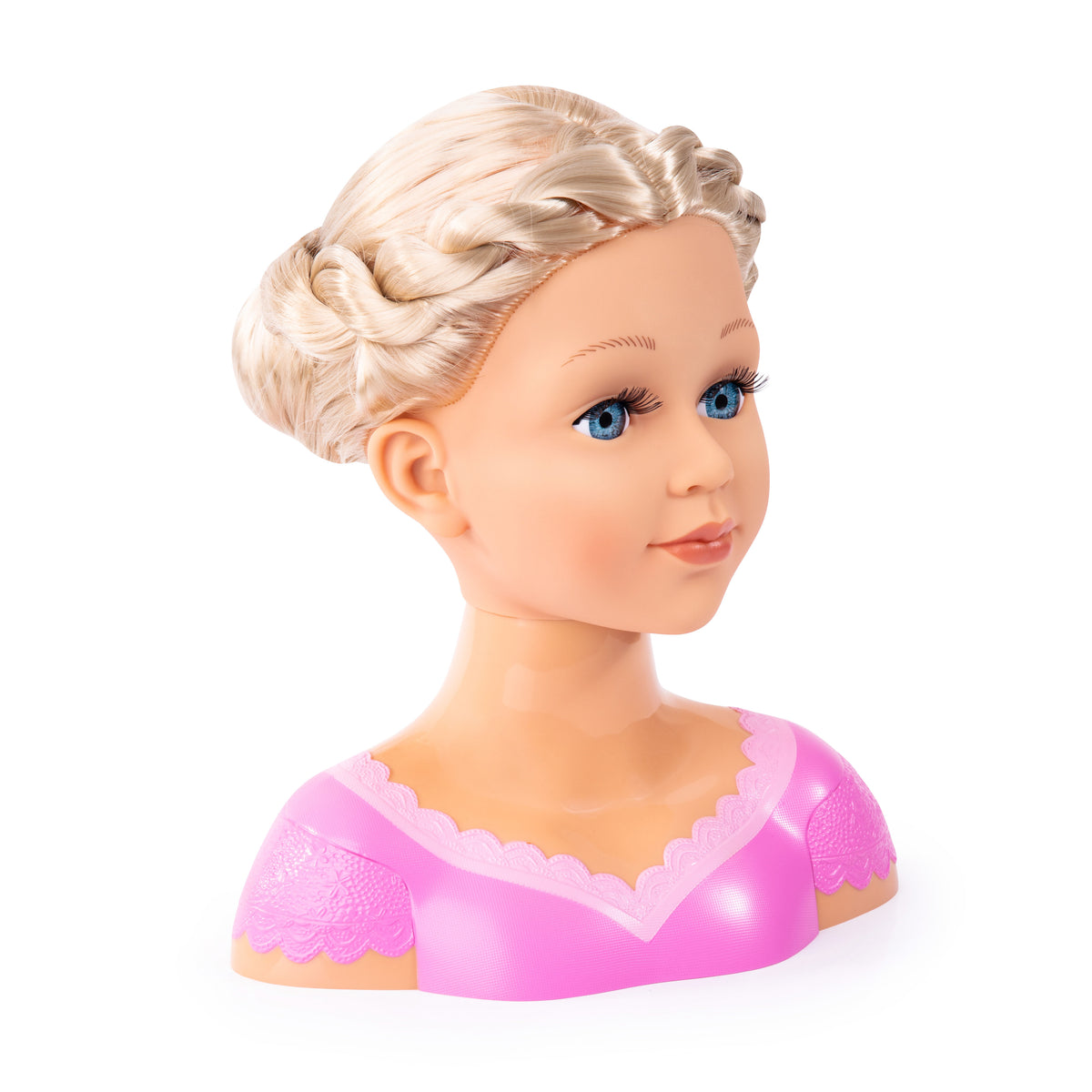 Blonde fashion doll head with blue eyes, styled curls, and pink lace-trim top
