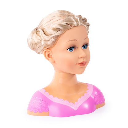 Blonde fashion doll head with blue eyes, styled curls, and pink lace-trim top