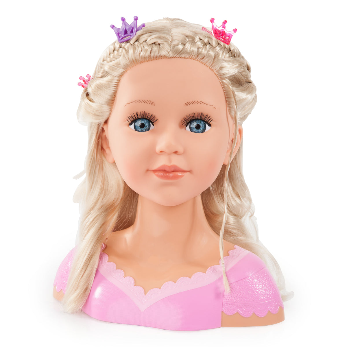 Blonde fashion doll head with crown clips and braided details, wearing a pink lace-trim top