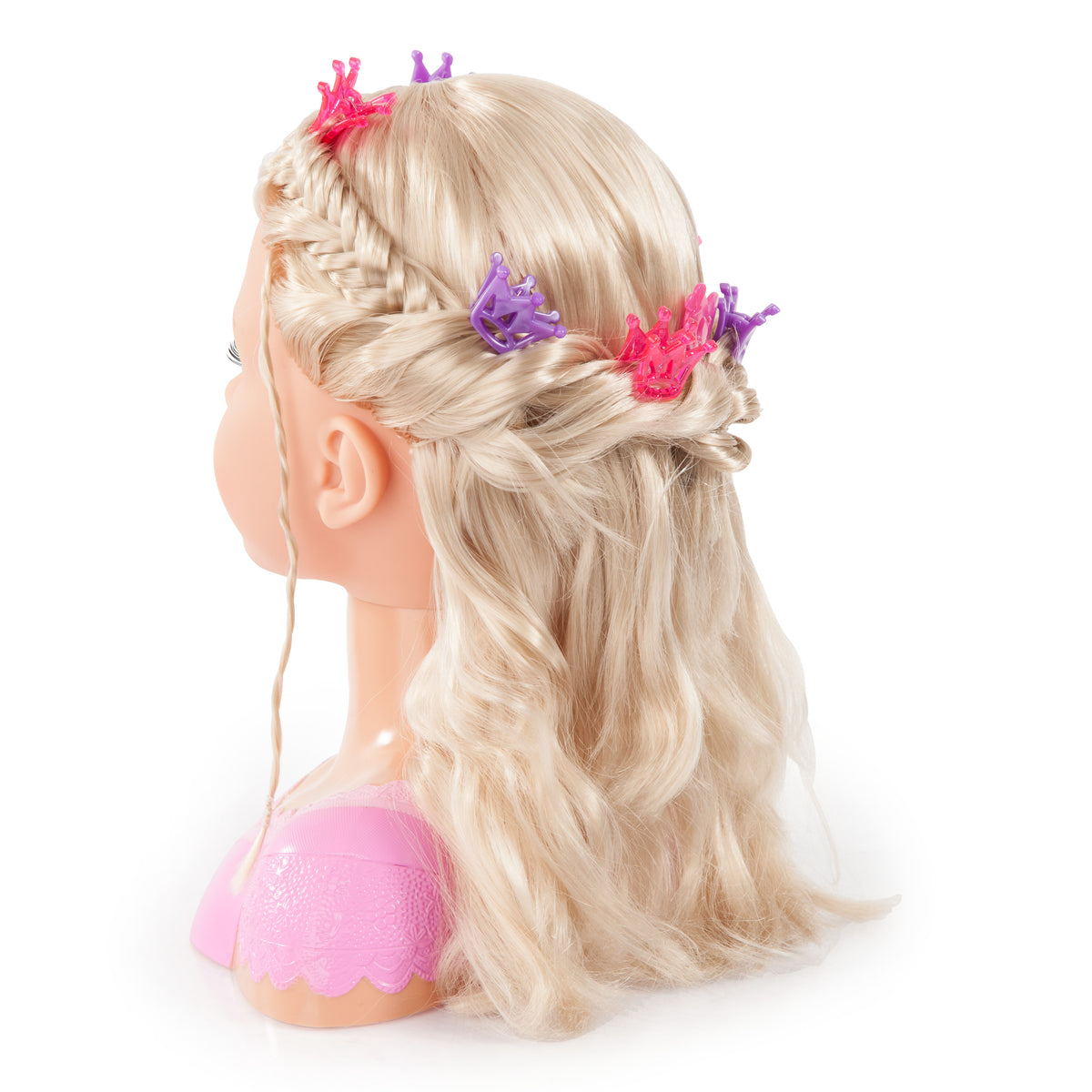 Blonde fashion doll head viewed from the side with crown hair clips and pink top