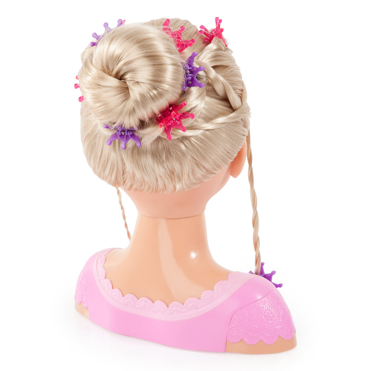 Blonde fashion doll head from back with braided ponytail bun and crown hair accessories