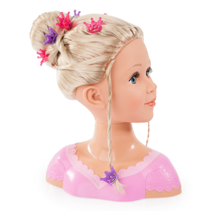 Blonde fashion doll head side view with crown hair clips and braided strands, pink top