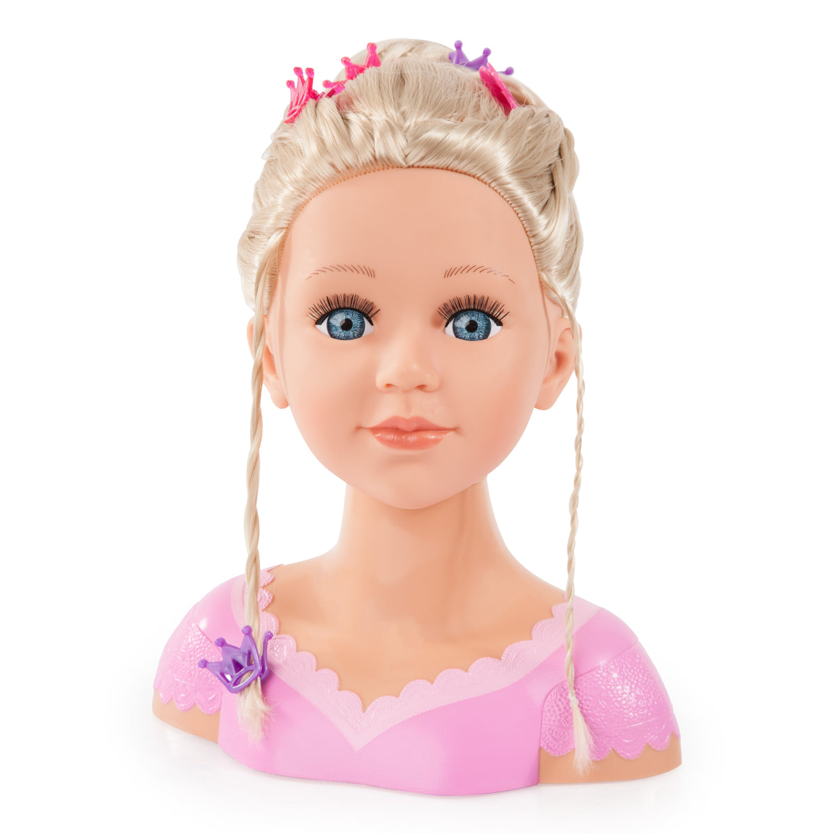 Blonde fashion doll head facing forward with crown hair clips and braided pigtails