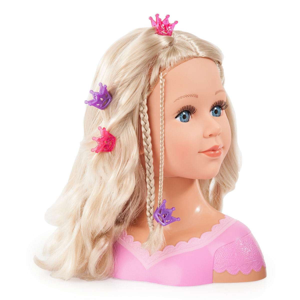 Blonde fashion doll head side view with braided twin strands and crown hair clips, pink top