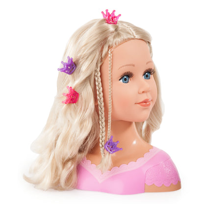 Blonde fashion doll head side view with braided twin strands and crown hair clips, pink top