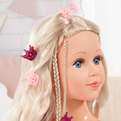 Blonde doll styling head side profile with long braided hair and pink hair charms.