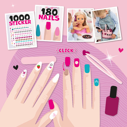 Nail accessory poster showing sticker sheets, 180 nails, and press-on nail designs.
