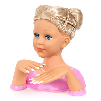 Blonde doll styling head with styled hair and glossy white nails on display.