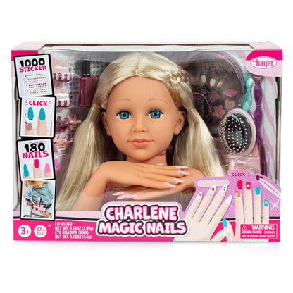 Charlene Magic Nails blonde styling head set box with hair tools and nail stickers