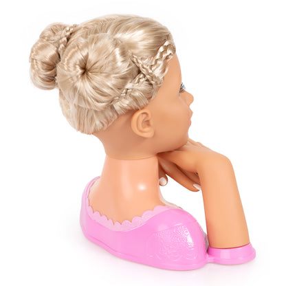 Blonde doll styling head with braided bun hairstyle, showing back view hair and neck.