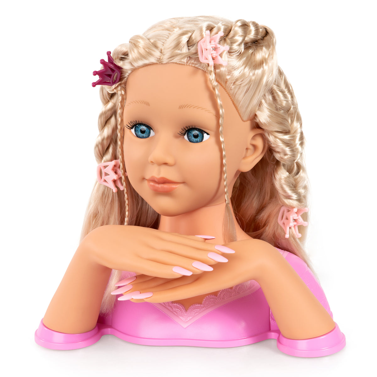 Blonde doll styling head with long braids and pink star hair clips, hands with nails.