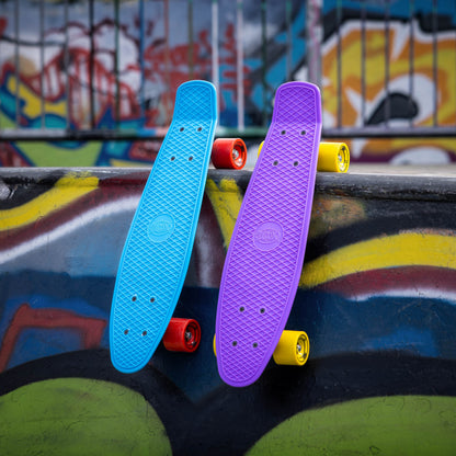 Purple and blue skateboards with yellow wheels and red wheel accents