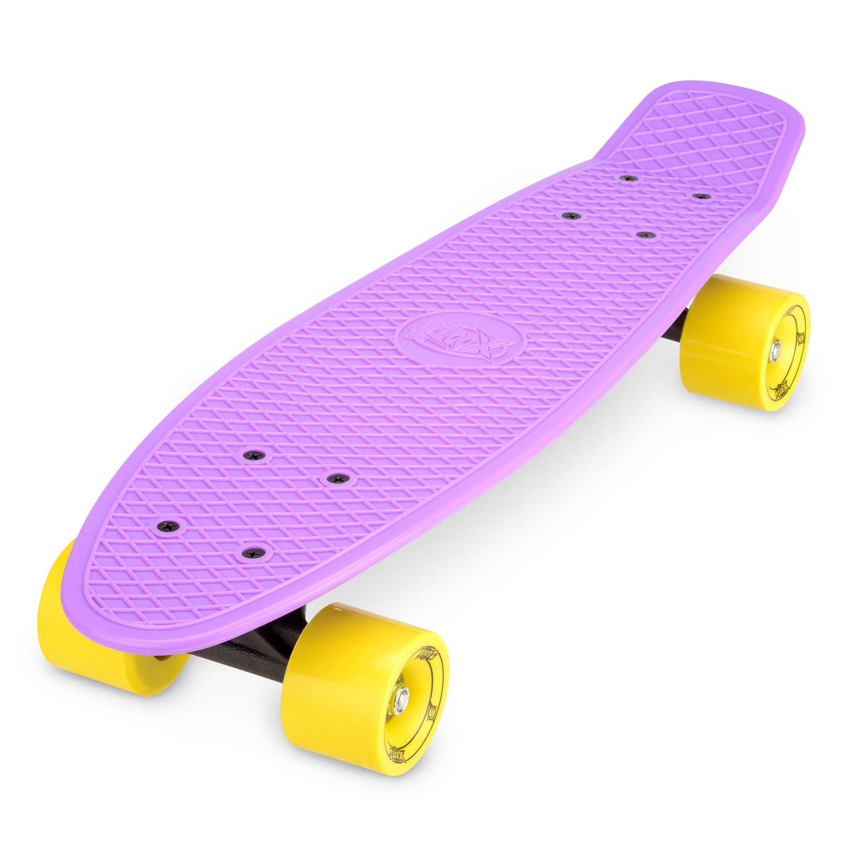 Purple skateboard with textured grip deck and yellow wheels, angled view