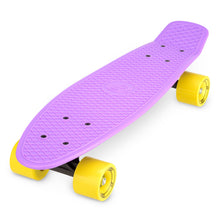 Purple skateboard with textured grip deck and yellow wheels, angled view