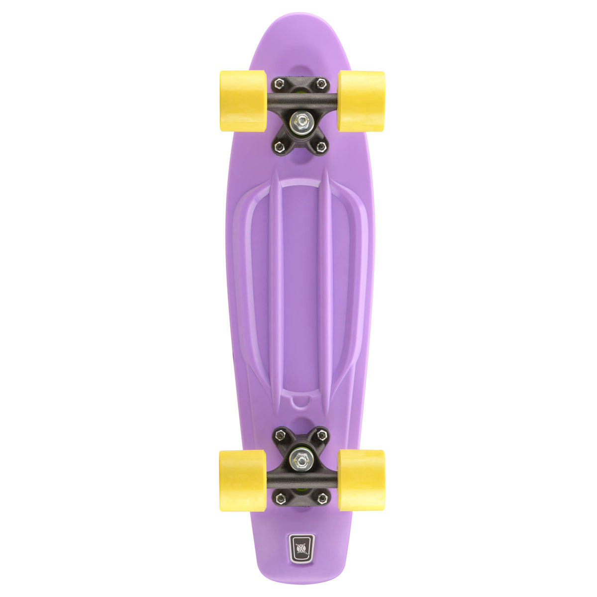 Purple skateboard underside with black trucks and yellow wheels